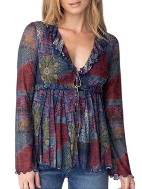 NWT Natural Life Sierra Ruffle Mesh Patterned Long Sleeve Top